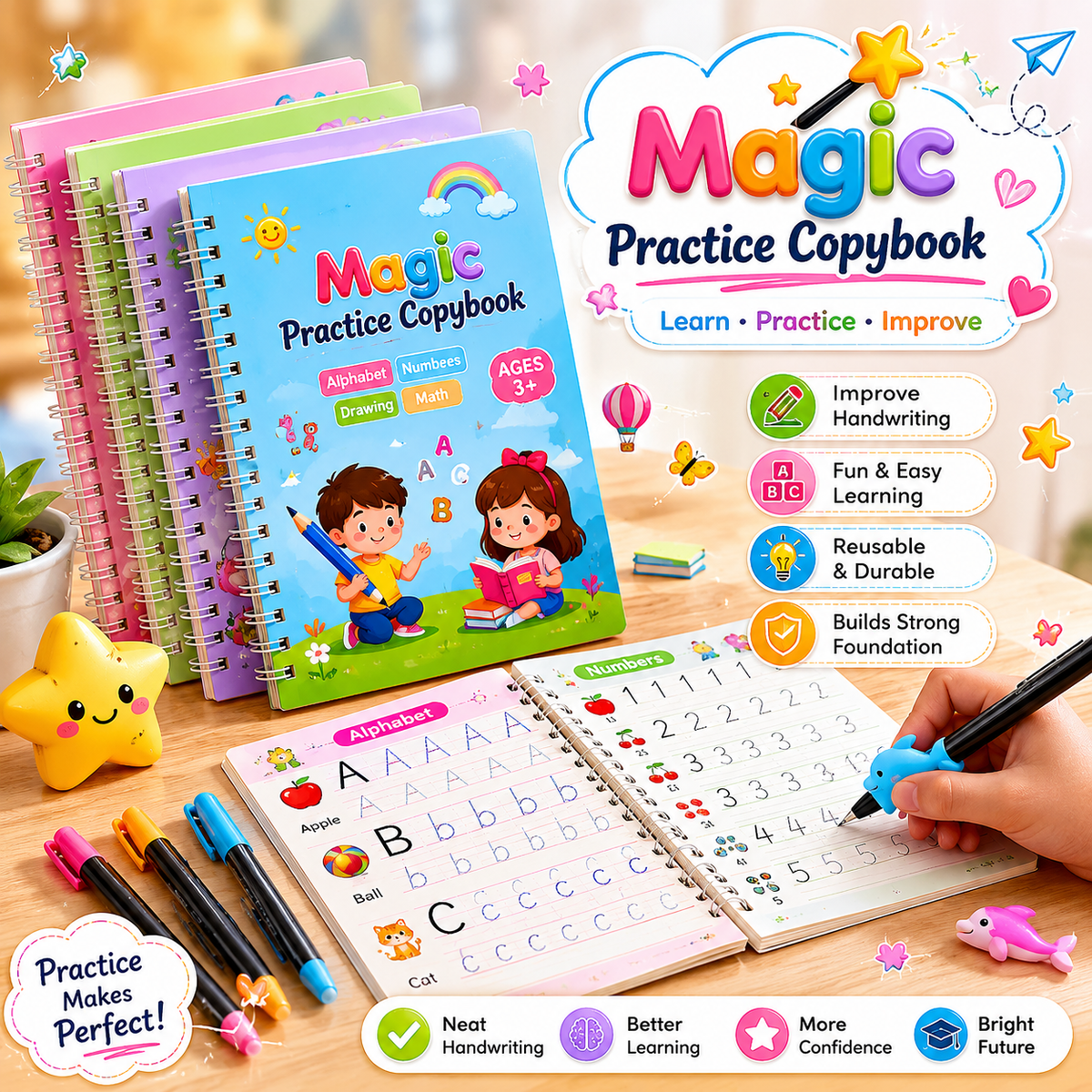 Magic Practice Copybook (4 Book + 1 pen + 10 Refill )💫